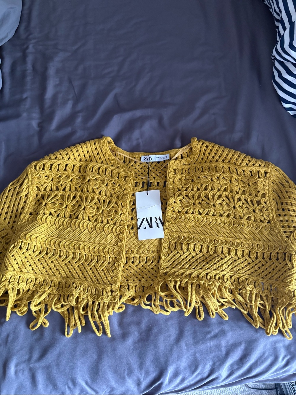 ZARA Mustard Yellow Crochet Fringe Cropped Sweater Shrug